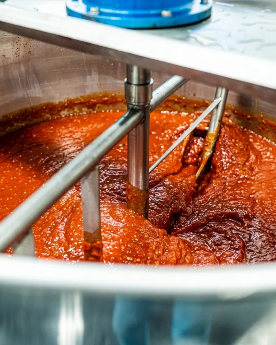A food product being blended in stainless mixing equipment